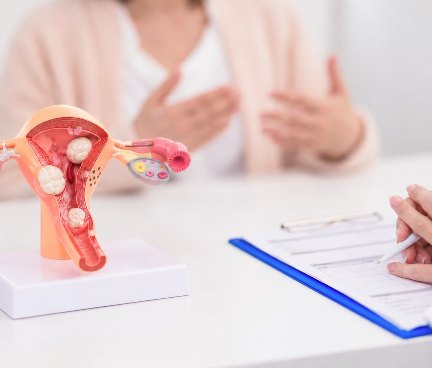Uterus model showing fibroids beside a patient consultation